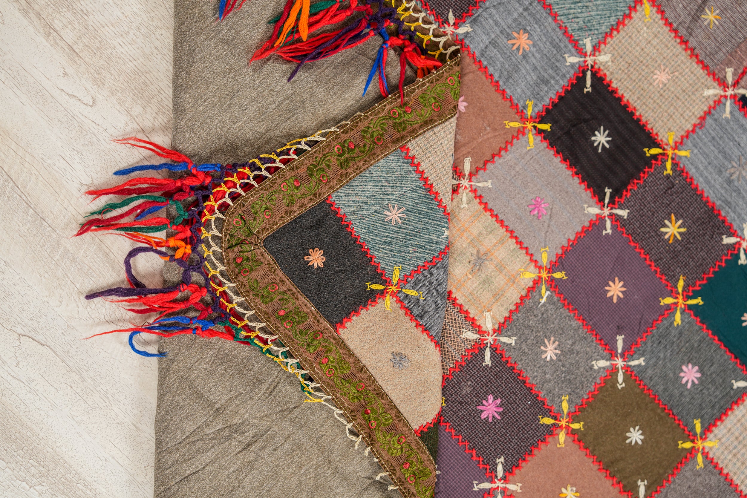 Vintage European Crazy Quilt textile 7'1" x 3'8"