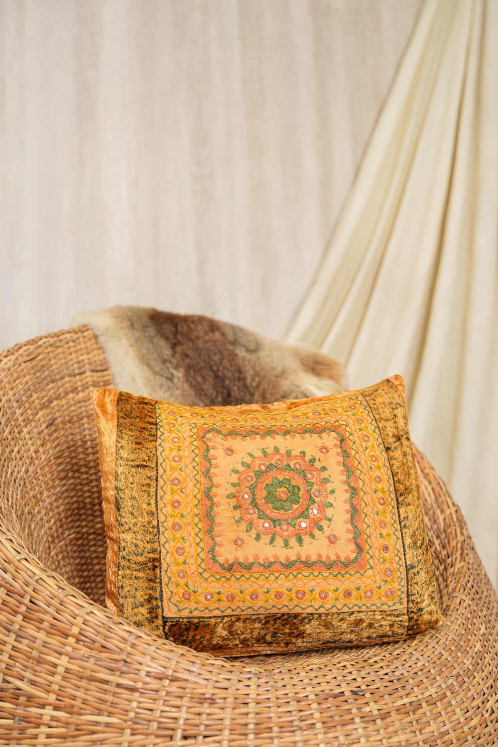 Vintage Indian Embroidered Cushion Pair 1'6" x 1'3"