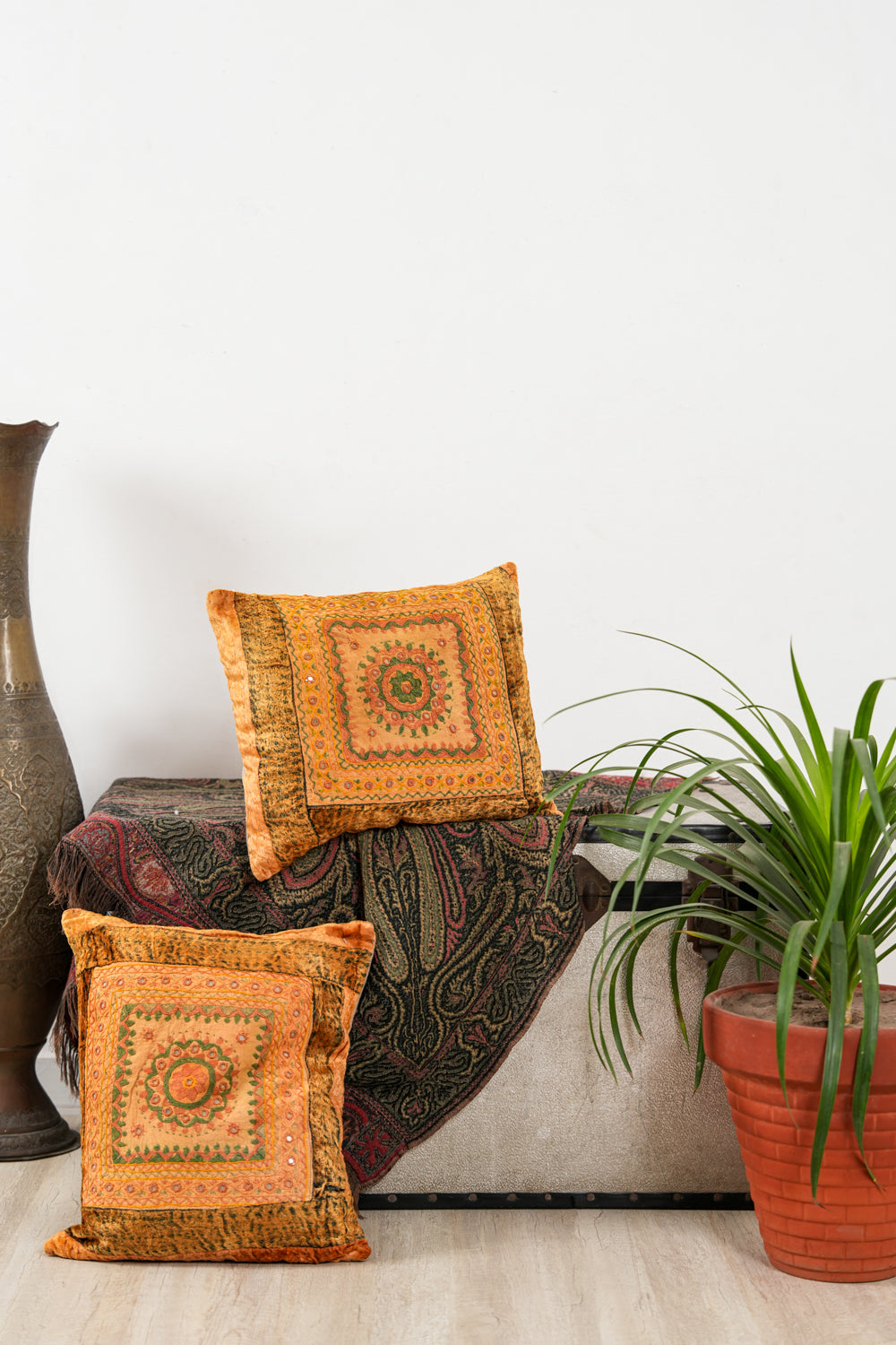 Vintage Indian Embroidered Cushion Pair 1'6" x 1'3"