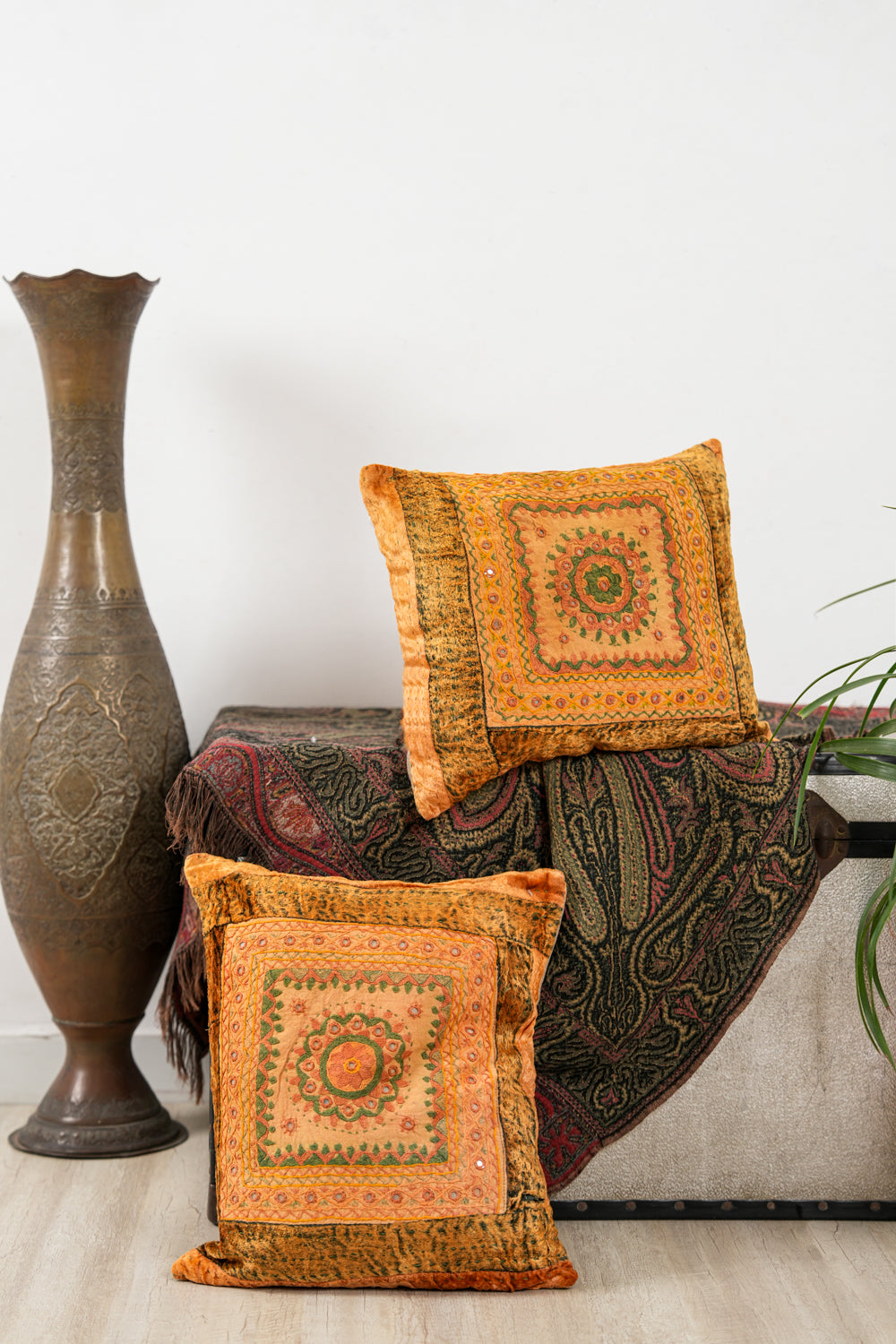 Vintage Indian Embroidered Cushion Pair 1'6" x 1'3"