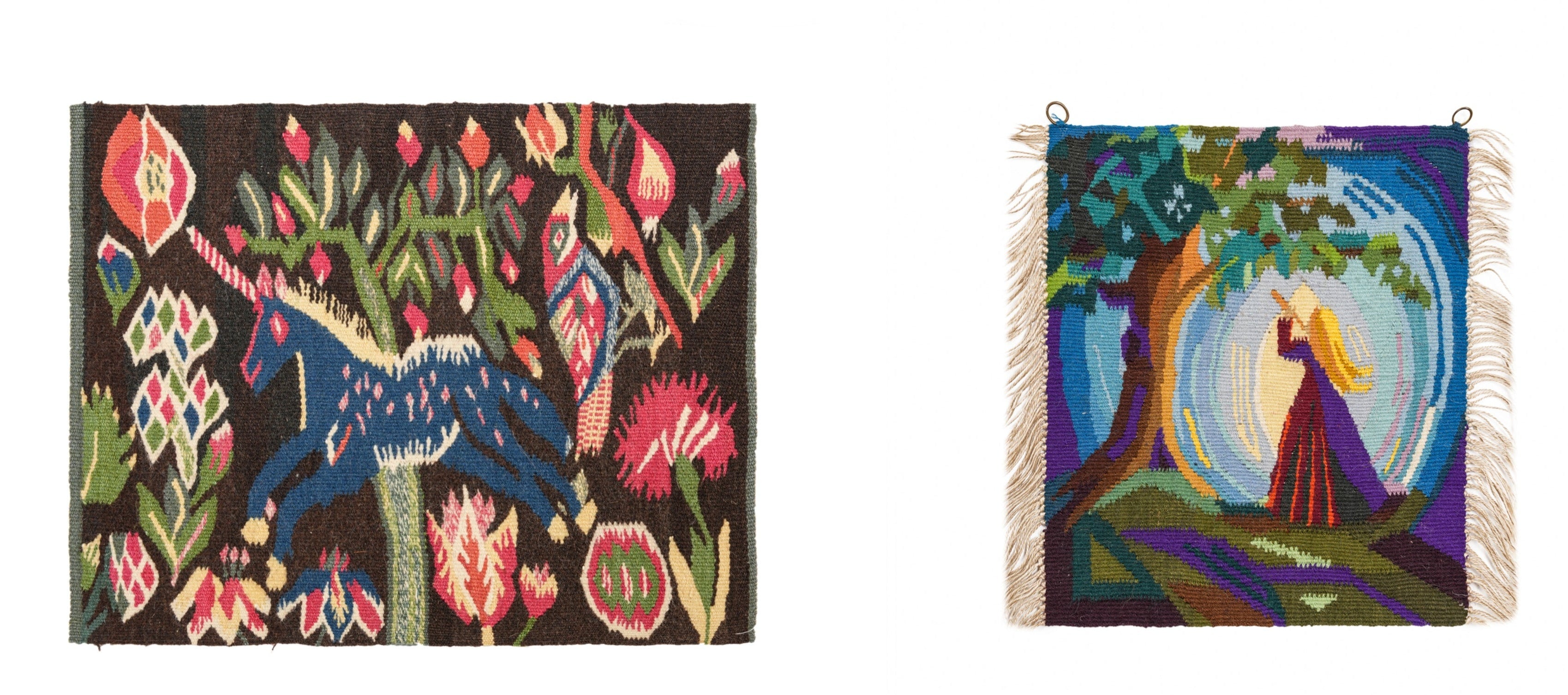 Two Vintage Swedish Tapestries 1'4" x 1'1"- 1' x 1'