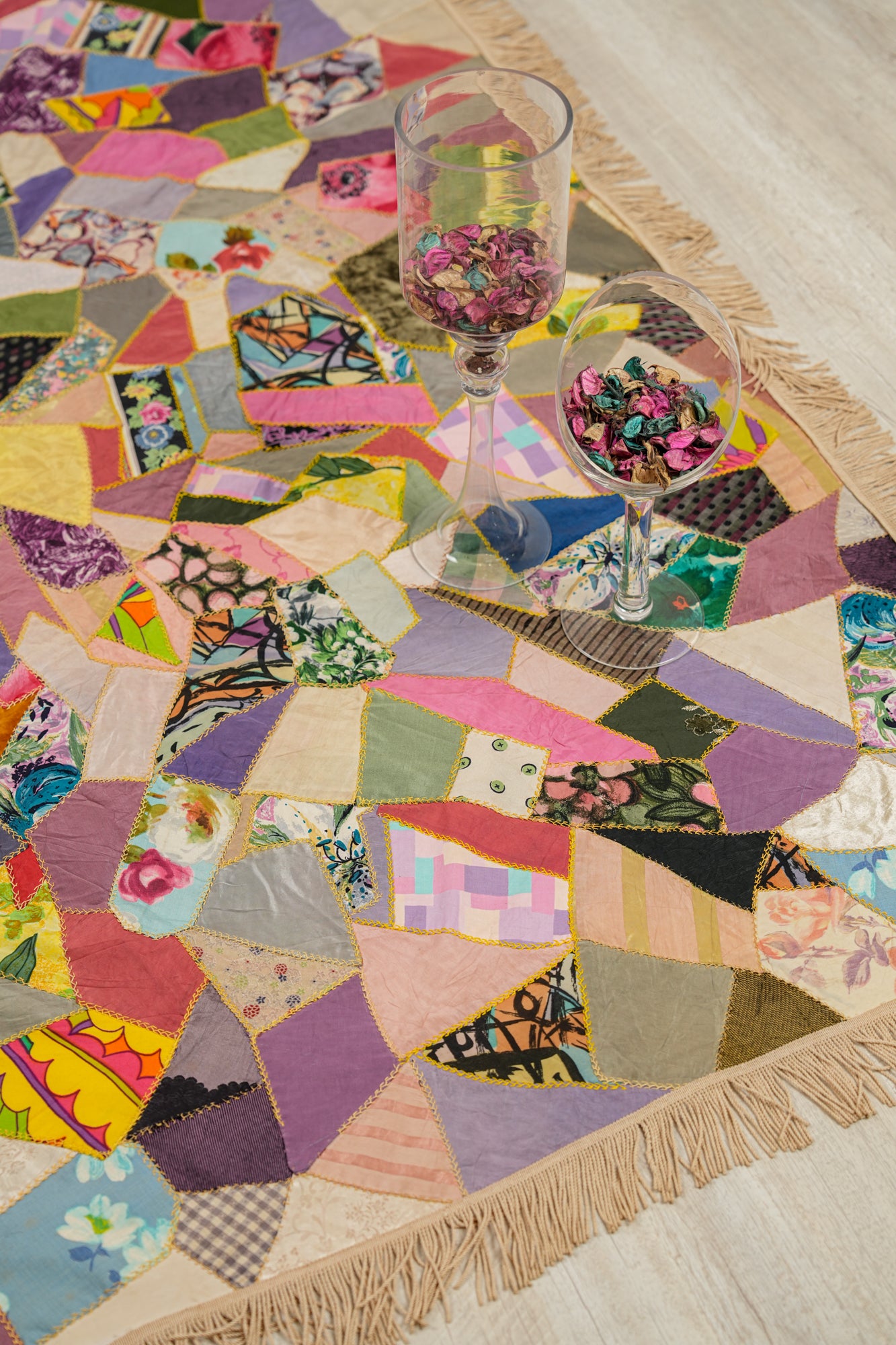 Vintage American Crazy Quilt 7'1" x 7'