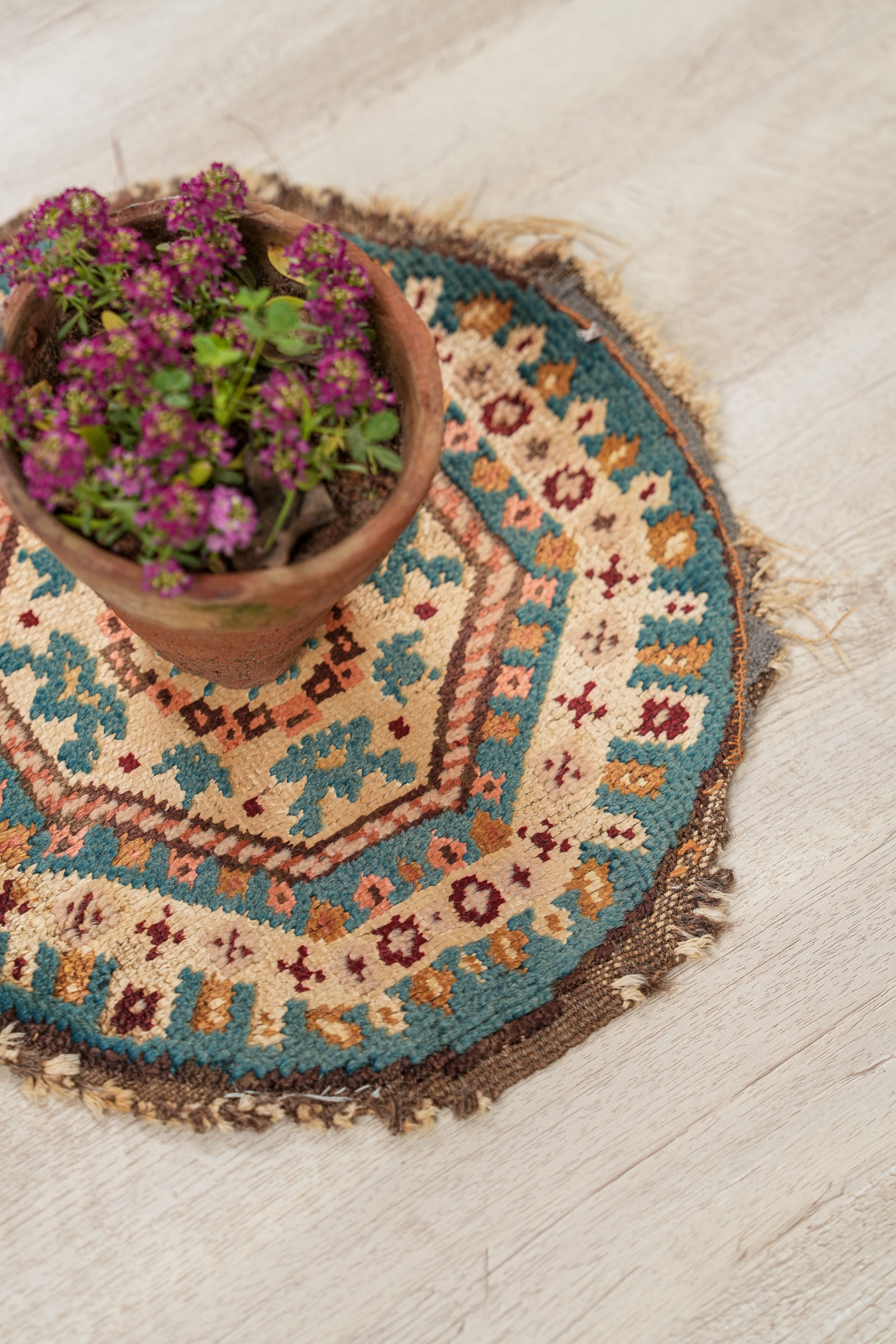 Antique Anatolian Round silk Table Rug 1'2" x 1'2"