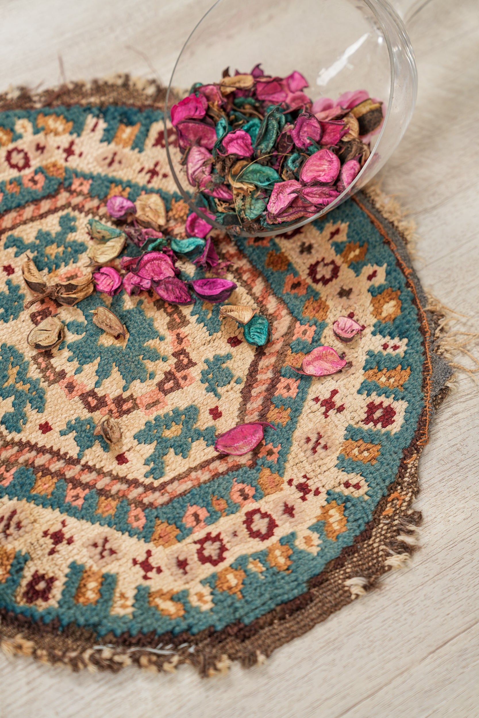 Antique Anatolian Round silk Table Rug 1'2" x 1'2"