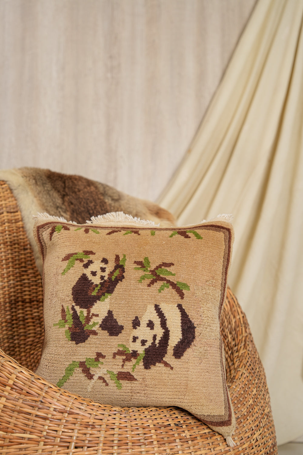 Vintage Tibetan Panda Rug Cushion Cover 1'6" X 1'6"