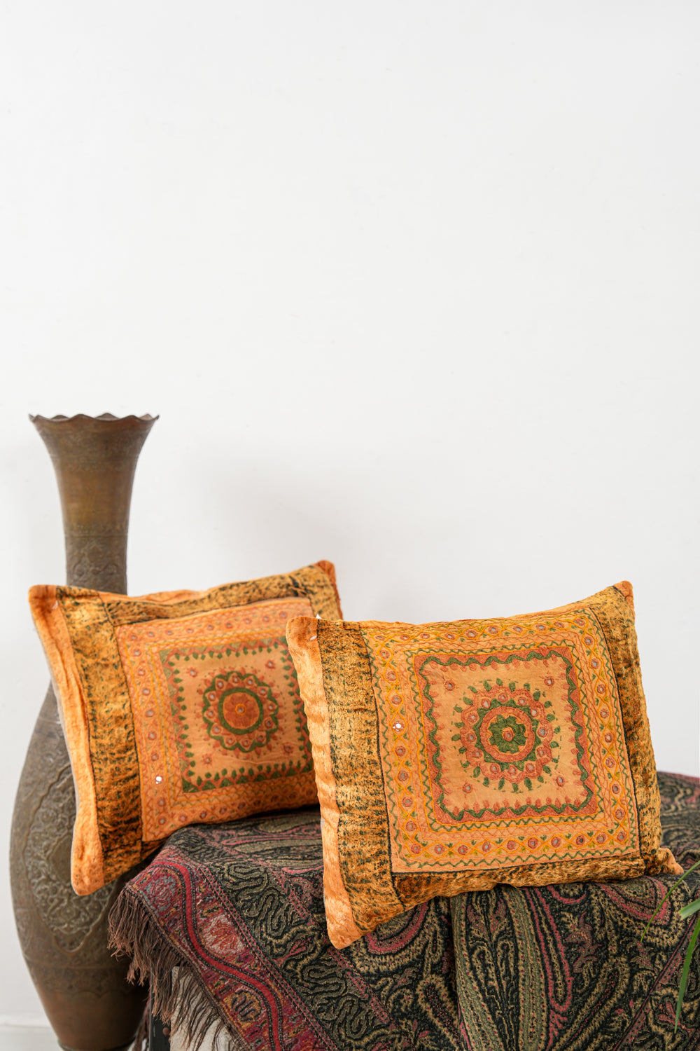 Vintage Indian Embroidered Cushion Pair 1'6" x 1'3"