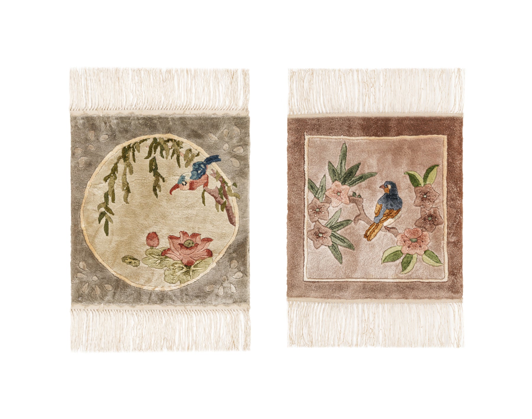 Vintage Chinese Silk Rug Pair 1' x 1' (each)