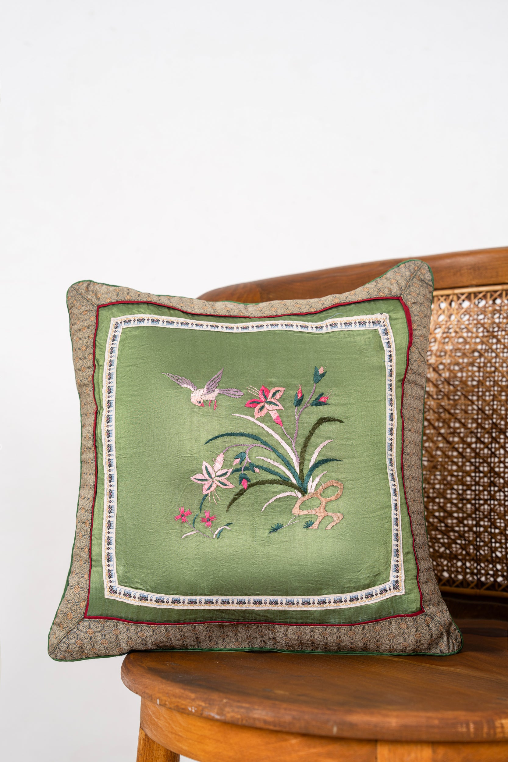Vintage Silk Embroidery Cushion 1'2" X 1'2"