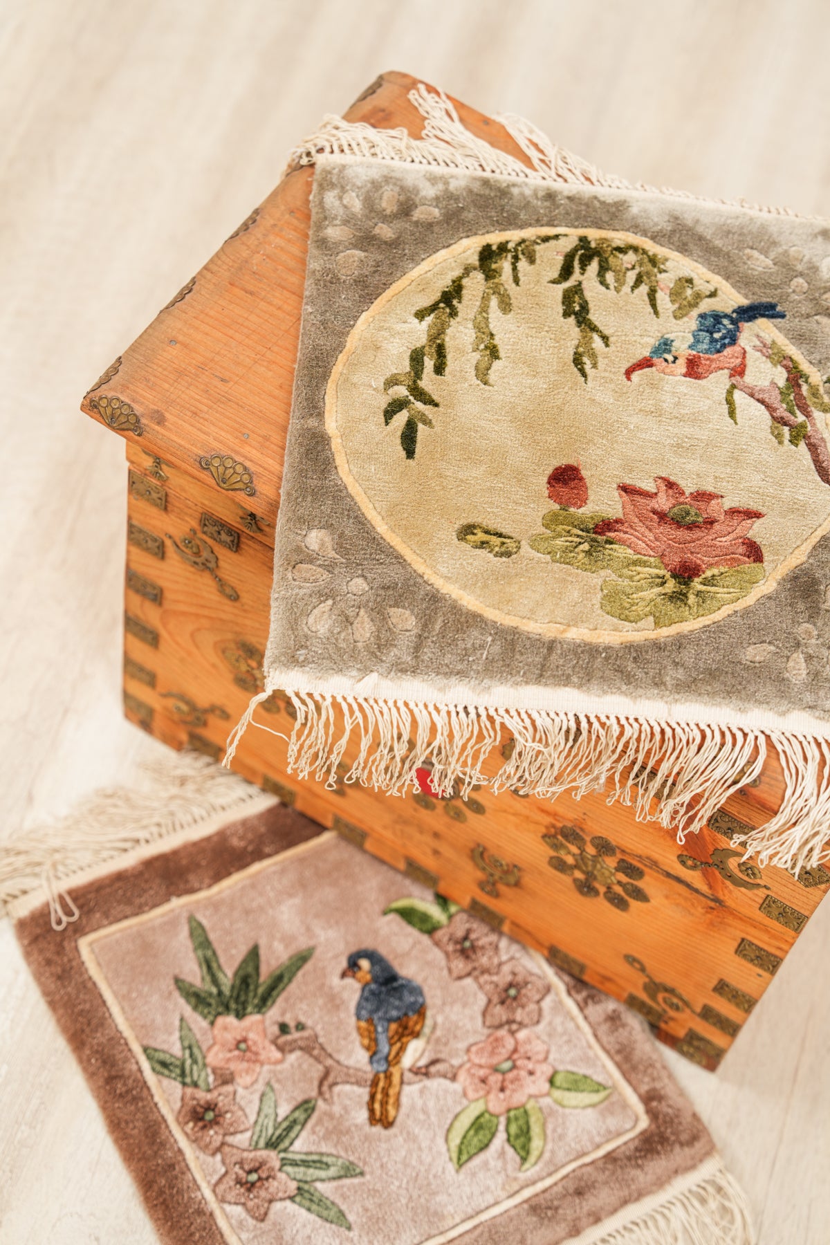 Vintage Chinese Silk Rug Pair 1' x 1' (each)